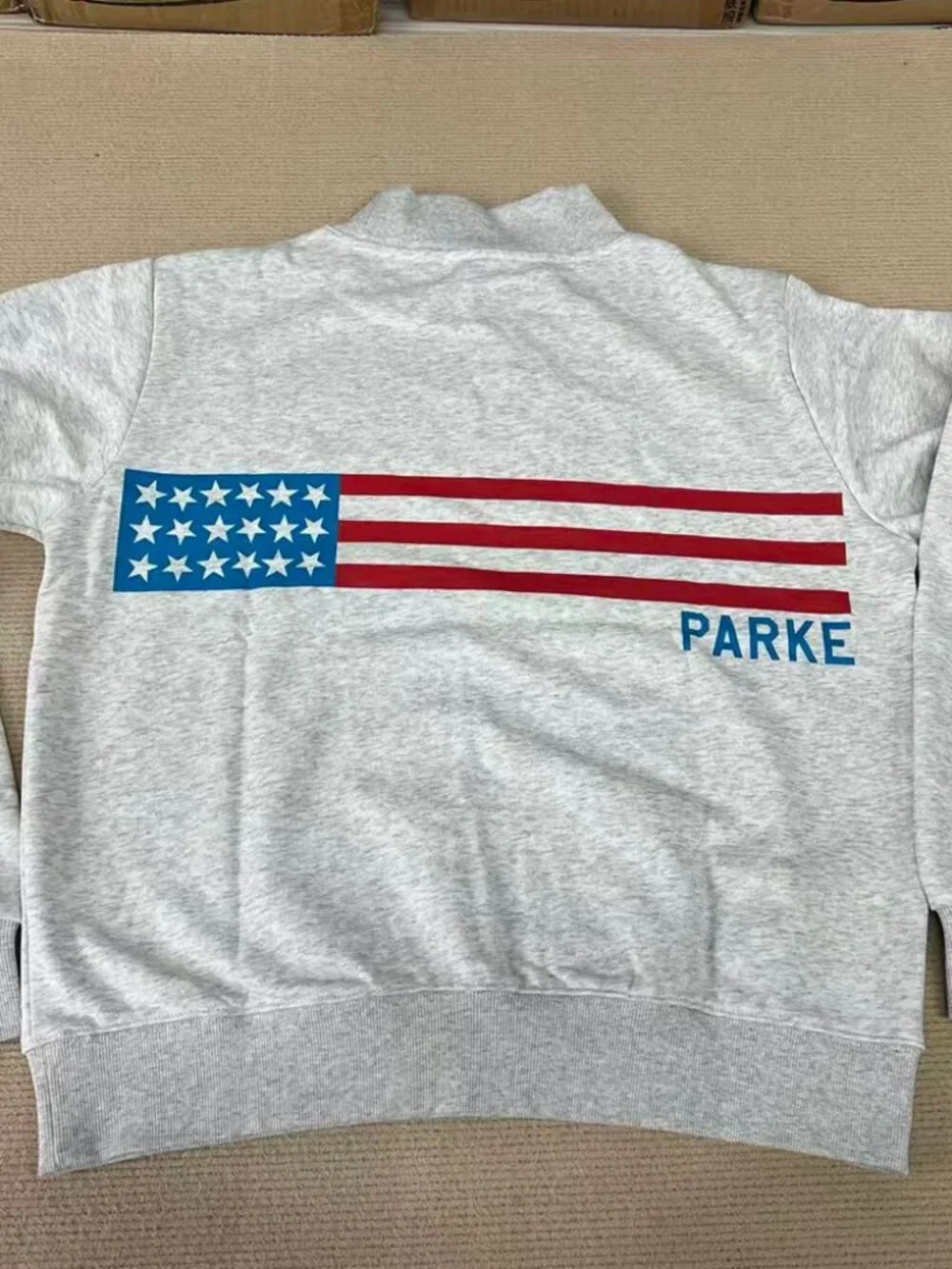 PARKE Heather Gray Mock Neck Sweatshirt USA Flag Back Print